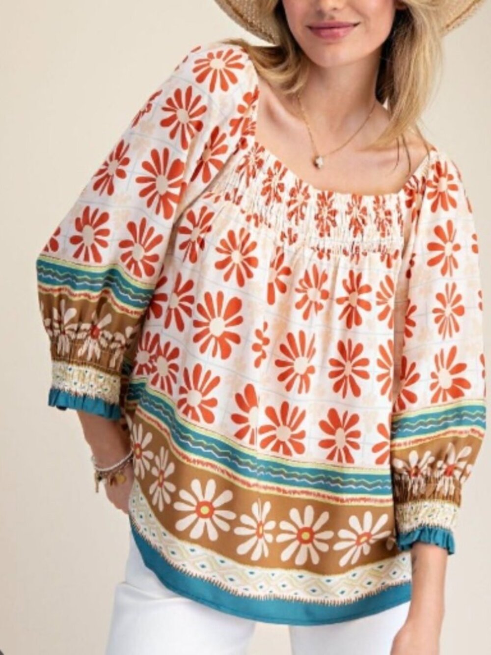 NWOT Floral 3/4 Sleeve Cotton/Spandex Top. Size: Large